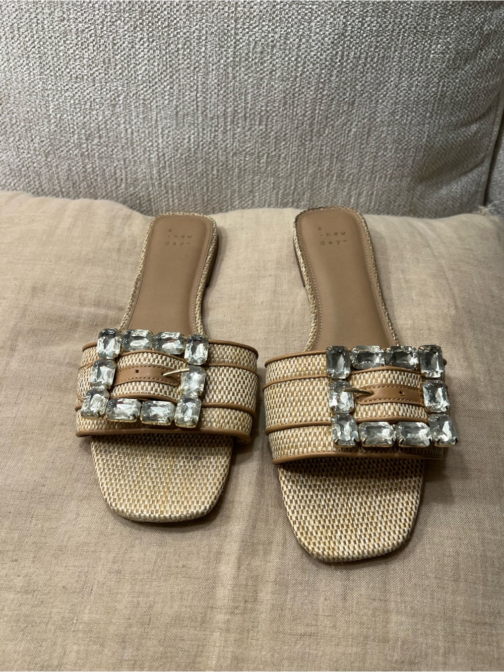a new day Tan Woven Slide Sandals with Crystal Buckle